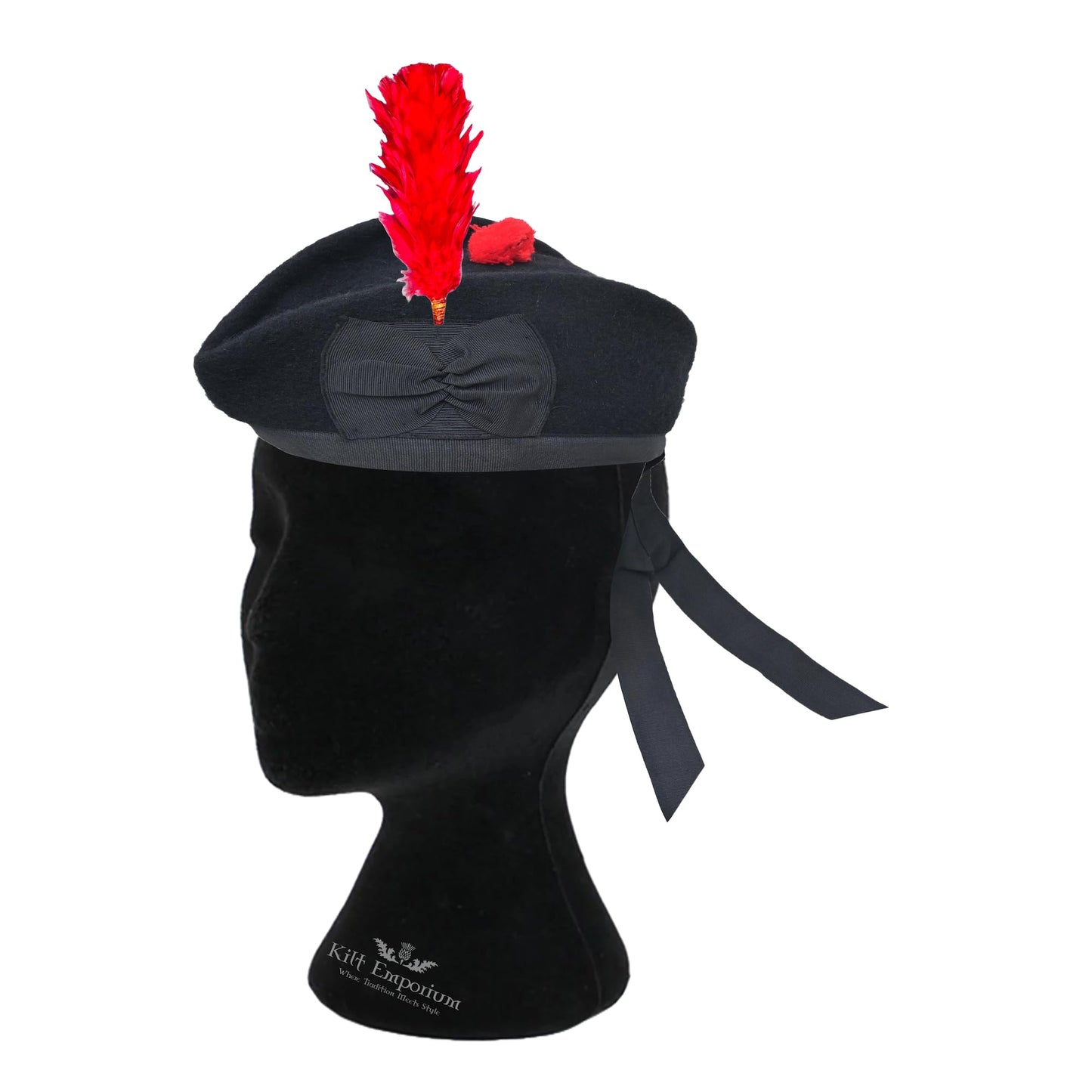Kilt Emporium Scottish Piper Glengarry Hat Pure Wool Military Cap with Red Pom Pom