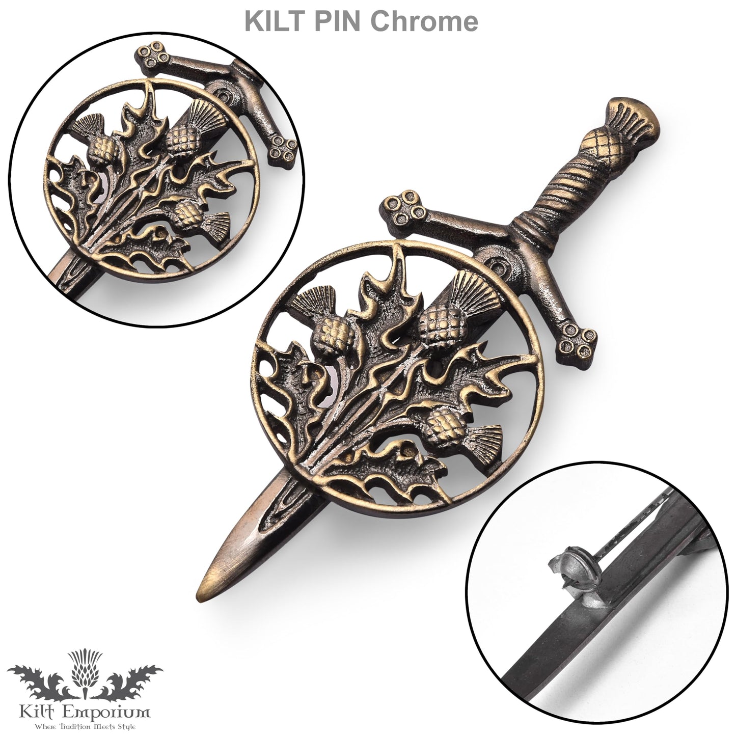 Kilt Emporium Trinity Thistle Large Kilt Pin Rust Free Brass Scottish Emblem - 4 Inches