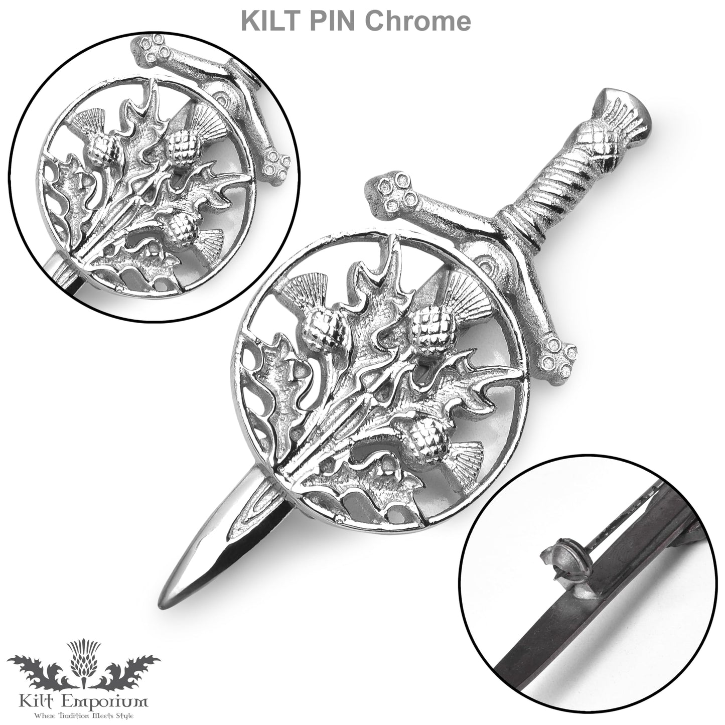 Kilt Emporium Trinity Thistle Large Kilt Pin Rust Free Brass Scottish Emblem - 4 Inches