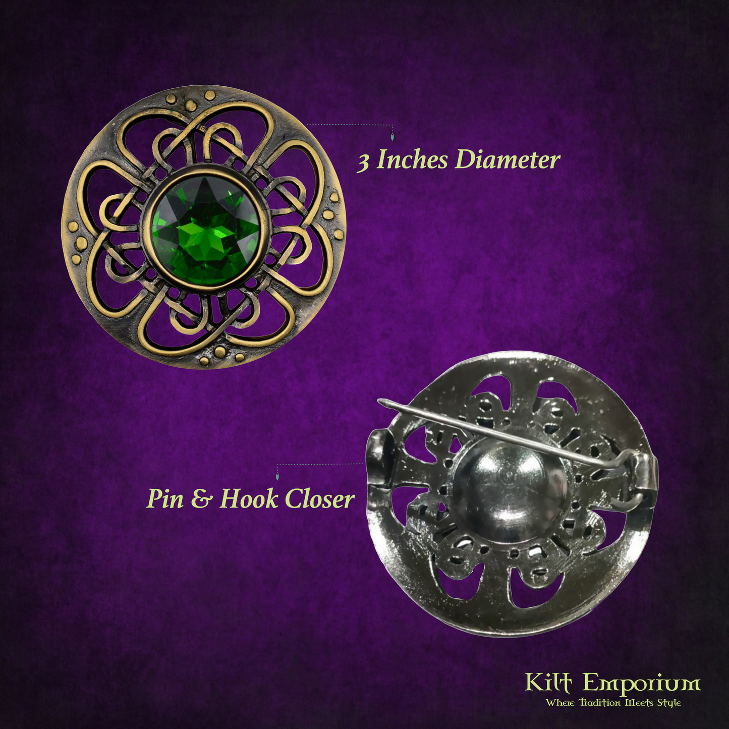 Kilt Emporium Culloden Plaid Brooch – Celtic Kilt Pin with Gemstones, 3" Diameter