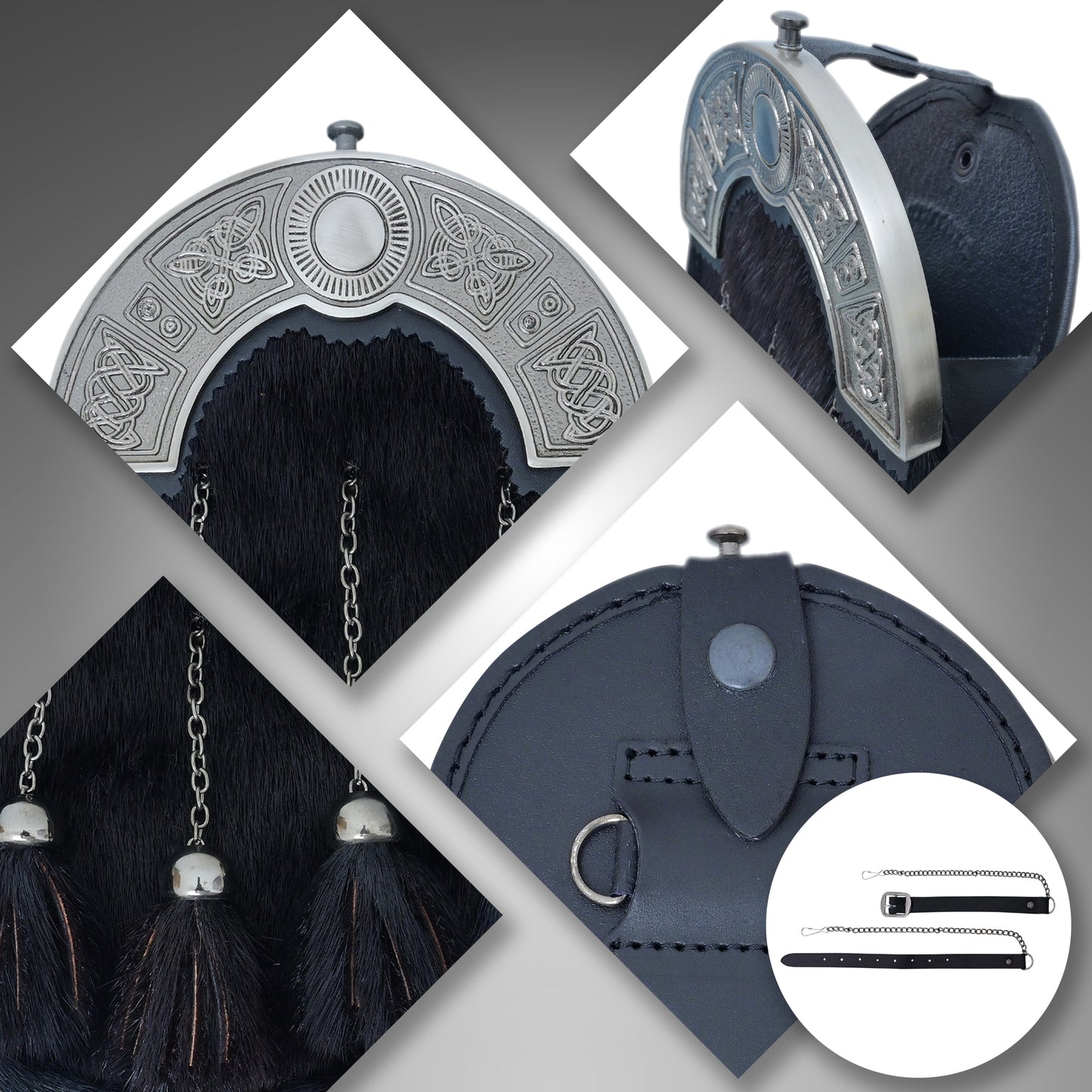 Celtic Knot Cantle Black Sporran – Premium Men’s Full Dress Kilt Accessory