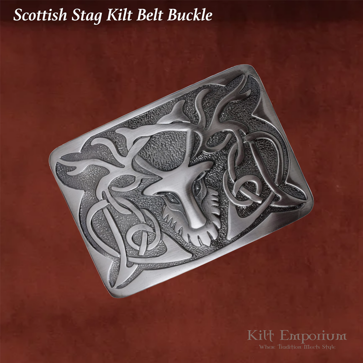 Kilt Emporium Scottish Stag Kilt Belt Buckle – Solid Brass, Traditional Celtic Design