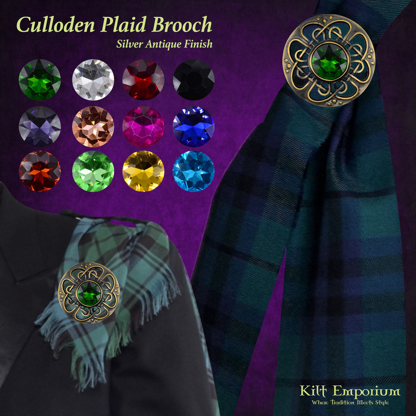 Kilt Emporium Culloden Plaid Brooch – Celtic Kilt Pin with Gemstones, 3" Diameter