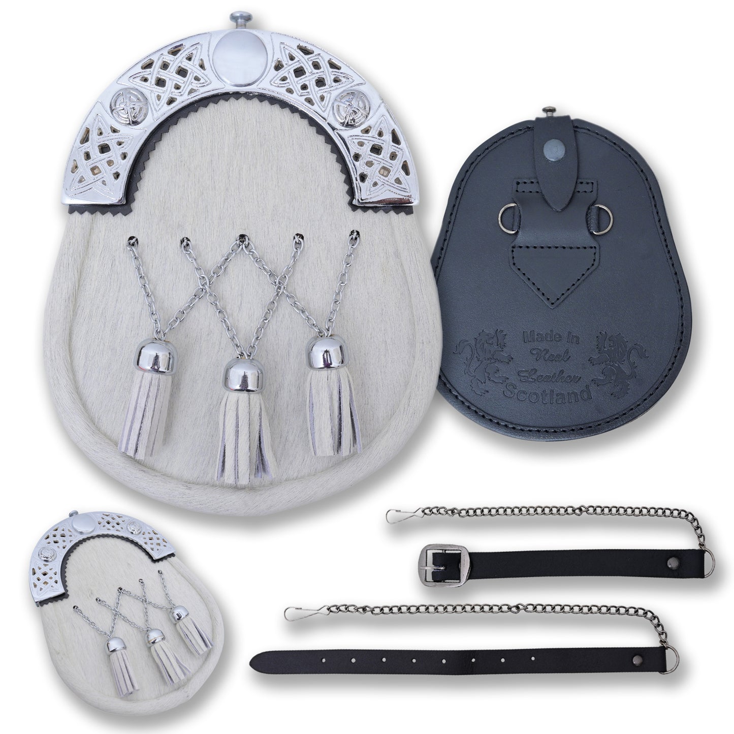 Premium Celtic Knot Cantle Sporran – White Cross Tassels, Genuine Leather
