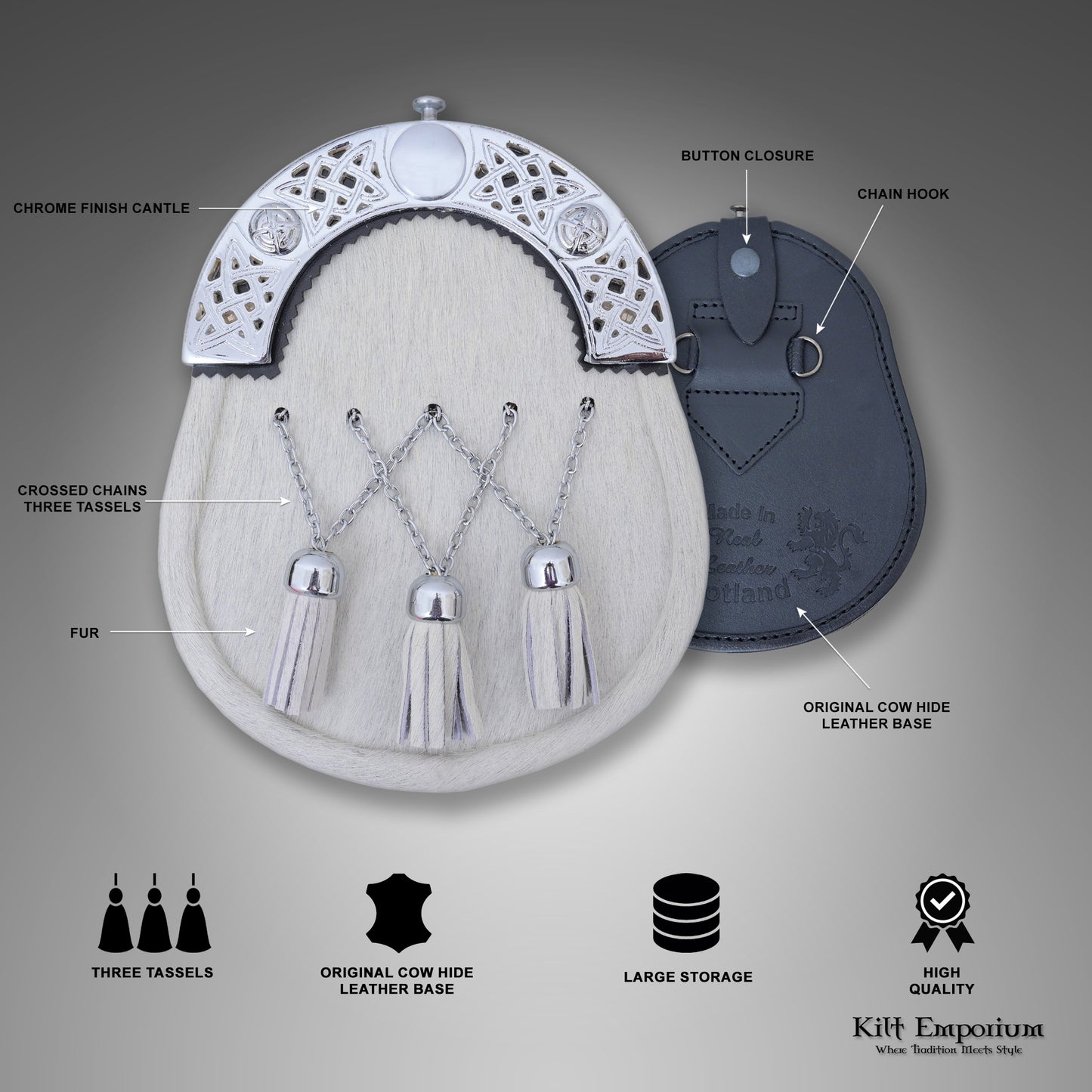 Premium Celtic Knot Cantle Sporran – White Cross Tassels, Genuine Leather