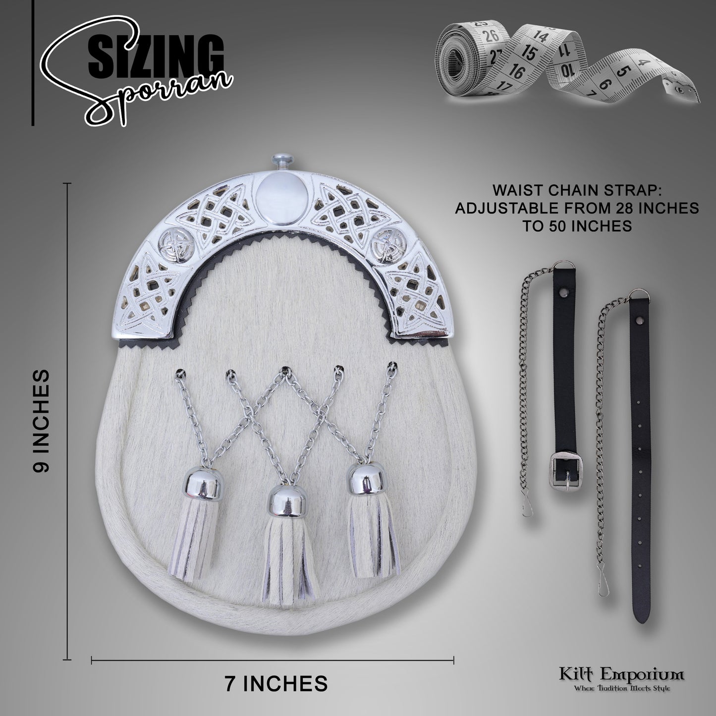 Premium Celtic Knot Cantle Sporran – White Cross Tassels, Genuine Leather