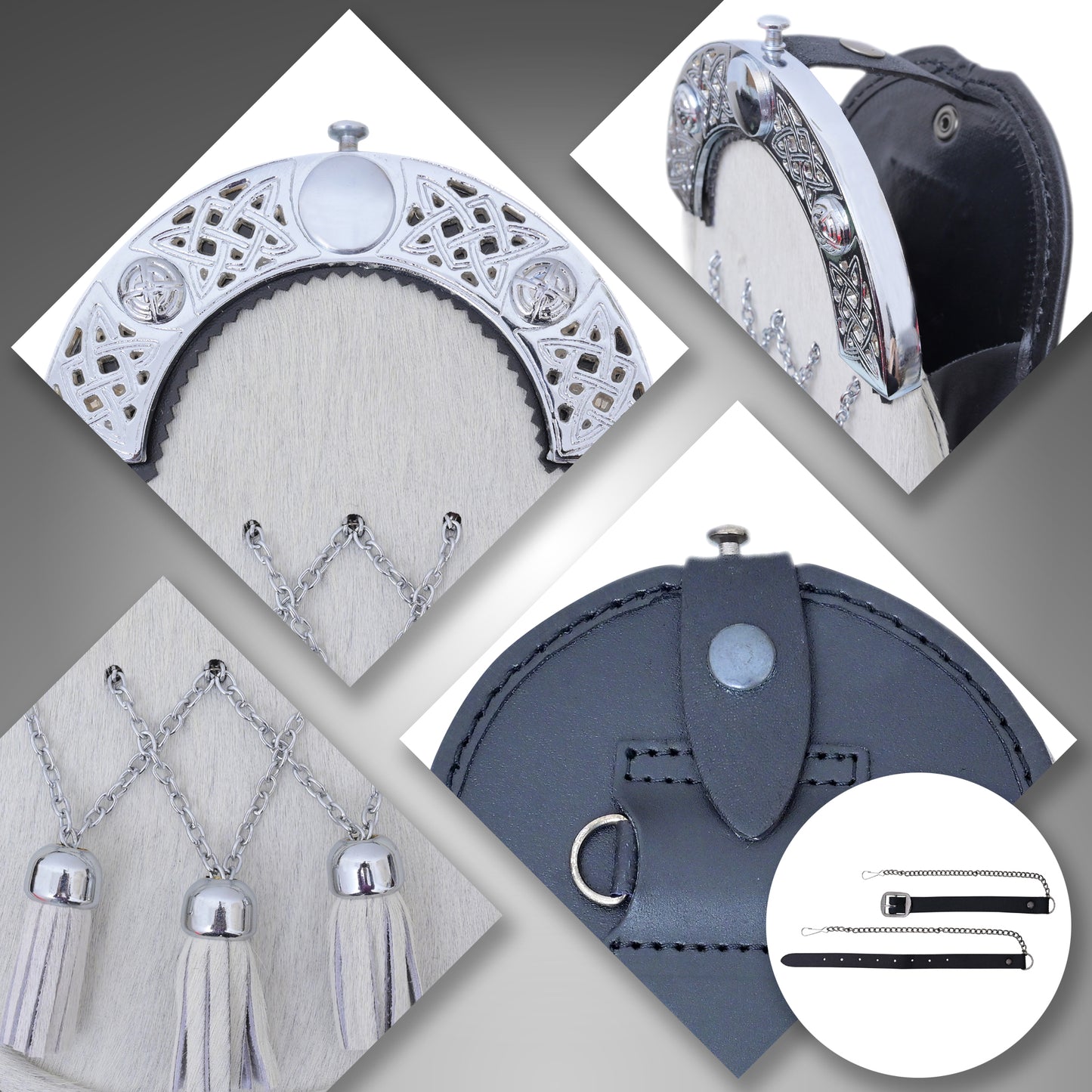 Premium Celtic Knot Cantle Sporran – White Cross Tassels, Genuine Leather