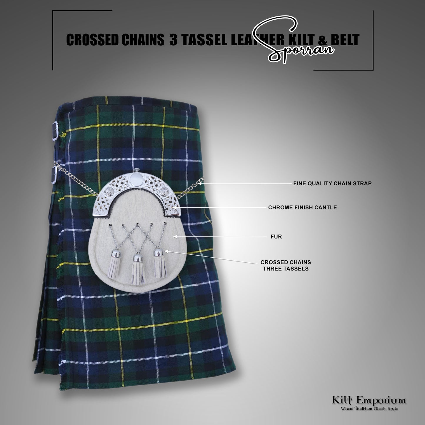 Premium Celtic Knot Cantle Sporran – White Cross Tassels, Genuine Leather