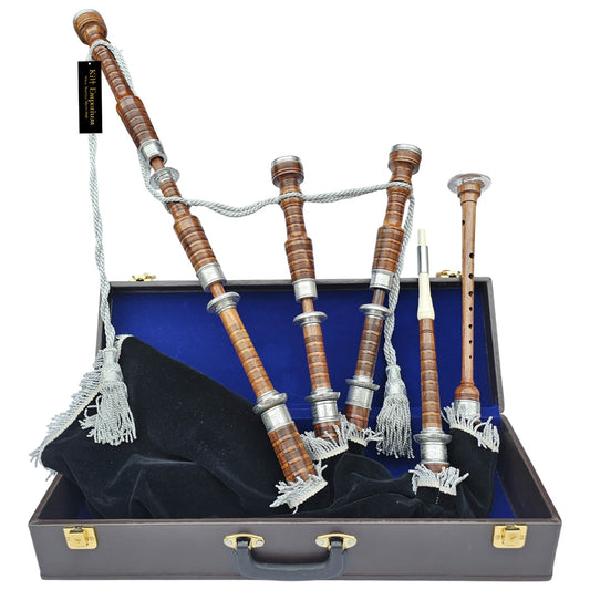 Kilt Emporium Bagpipes in Natural Finish with Golden & Chrome Mounts - Complete Set with Accessories and Hard Case