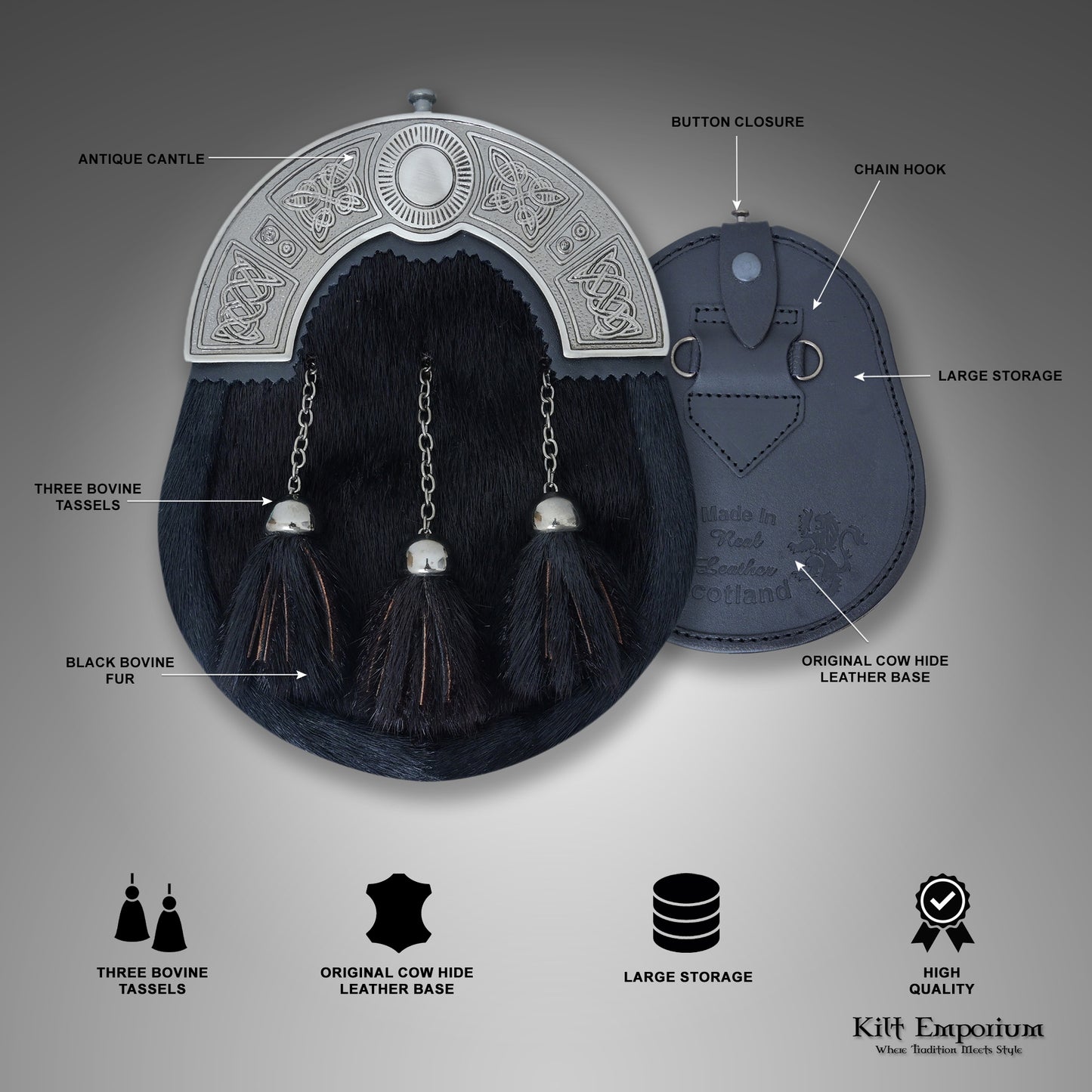 Celtic Knot Cantle Black Sporran – Premium Men’s Full Dress Kilt Accessory