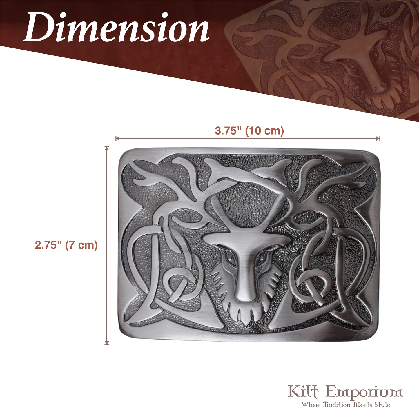Kilt Emporium Scottish Stag Kilt Belt Buckle – Solid Brass, Traditional Celtic Design