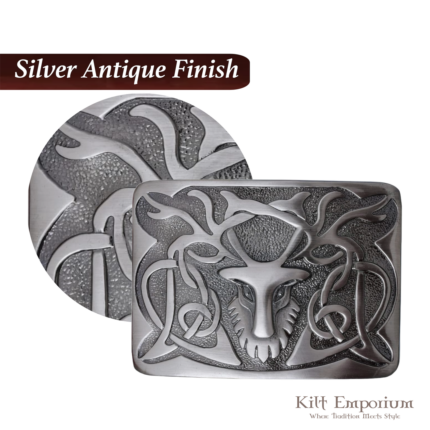 Kilt Emporium Scottish Stag Kilt Belt Buckle – Solid Brass, Traditional Celtic Design