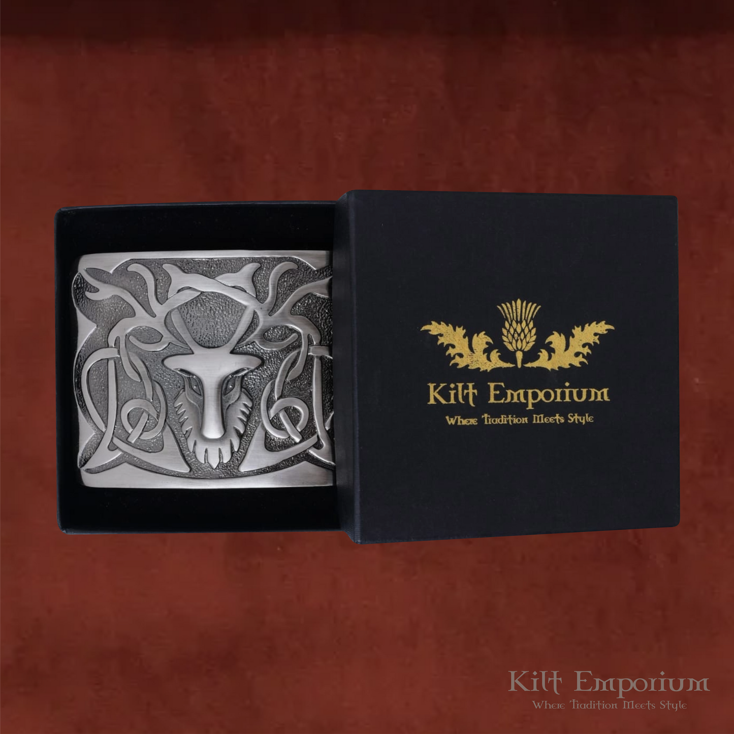 Kilt Emporium Scottish Stag Kilt Belt Buckle – Solid Brass, Traditional Celtic Design