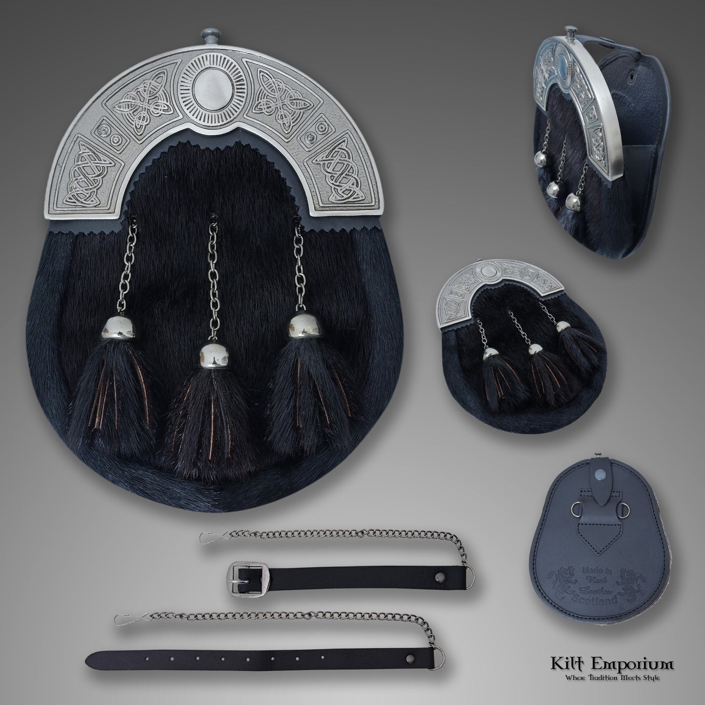 Celtic Knot Cantle Black Sporran – Premium Men’s Full Dress Kilt Accessory