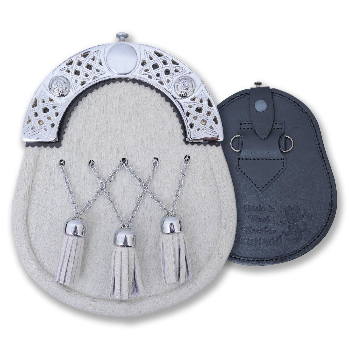 Premium Celtic Knot Cantle Sporran – White Cross Tassels, Genuine Leather