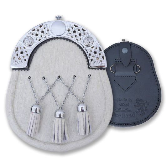 Premium Celtic Knot Cantle Sporran – White Cross Tassels, Genuine Leather
